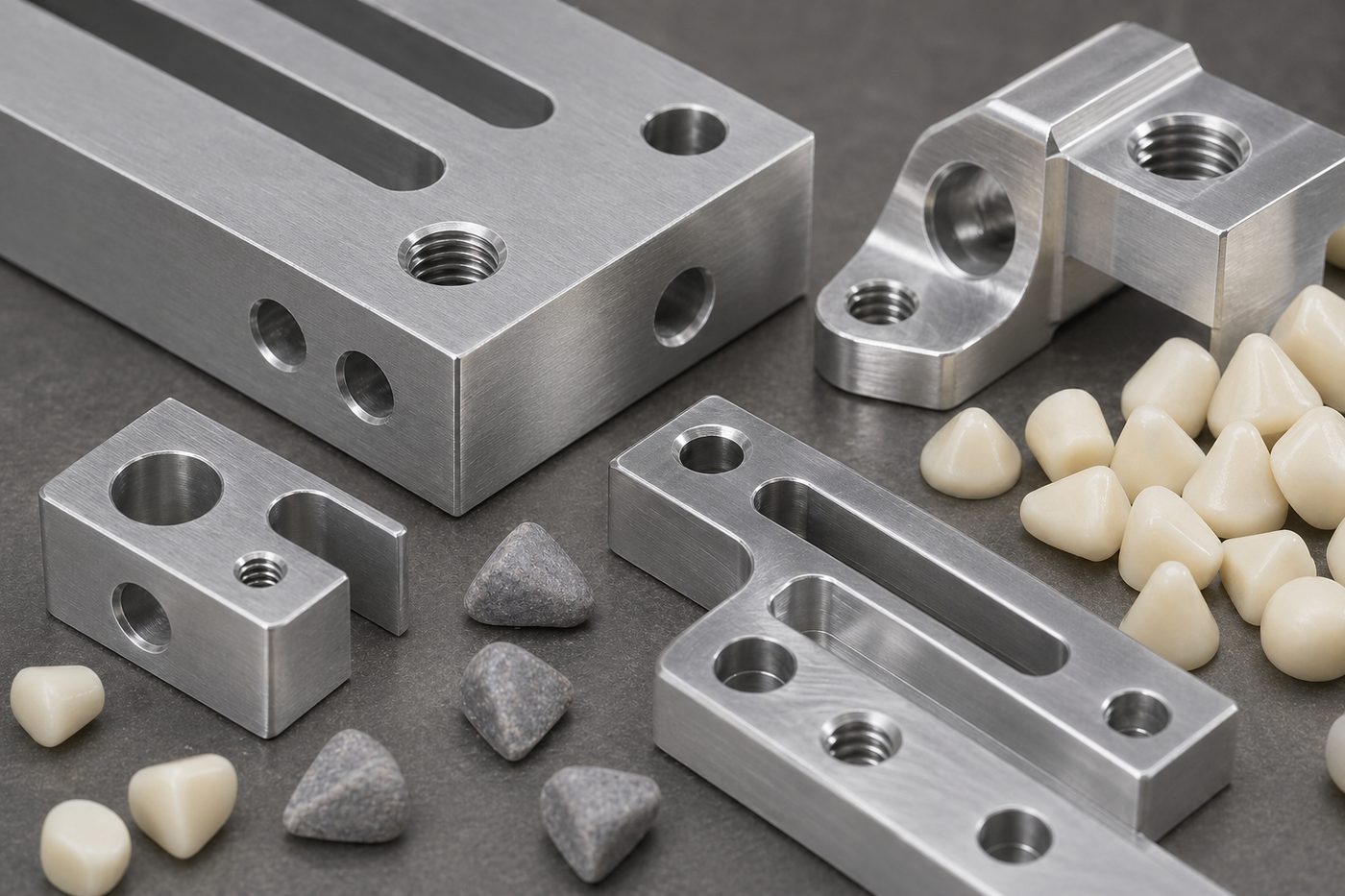 CNC aluminum edge details with plastic and ceramic finishing media