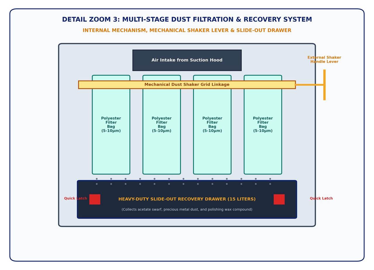 Figure 4 - Multi-pocket fabric filter matrix, mechanical shaker agitation grid and slide-out recovery drawer diagram