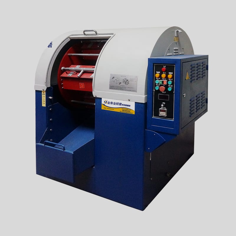 Centrifugal barrel finishing machine with open drum showing internal barrels and control panel