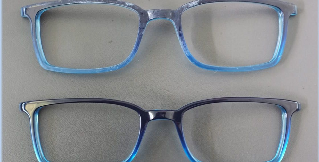 Before and after comparison of blue acetate frame finishing