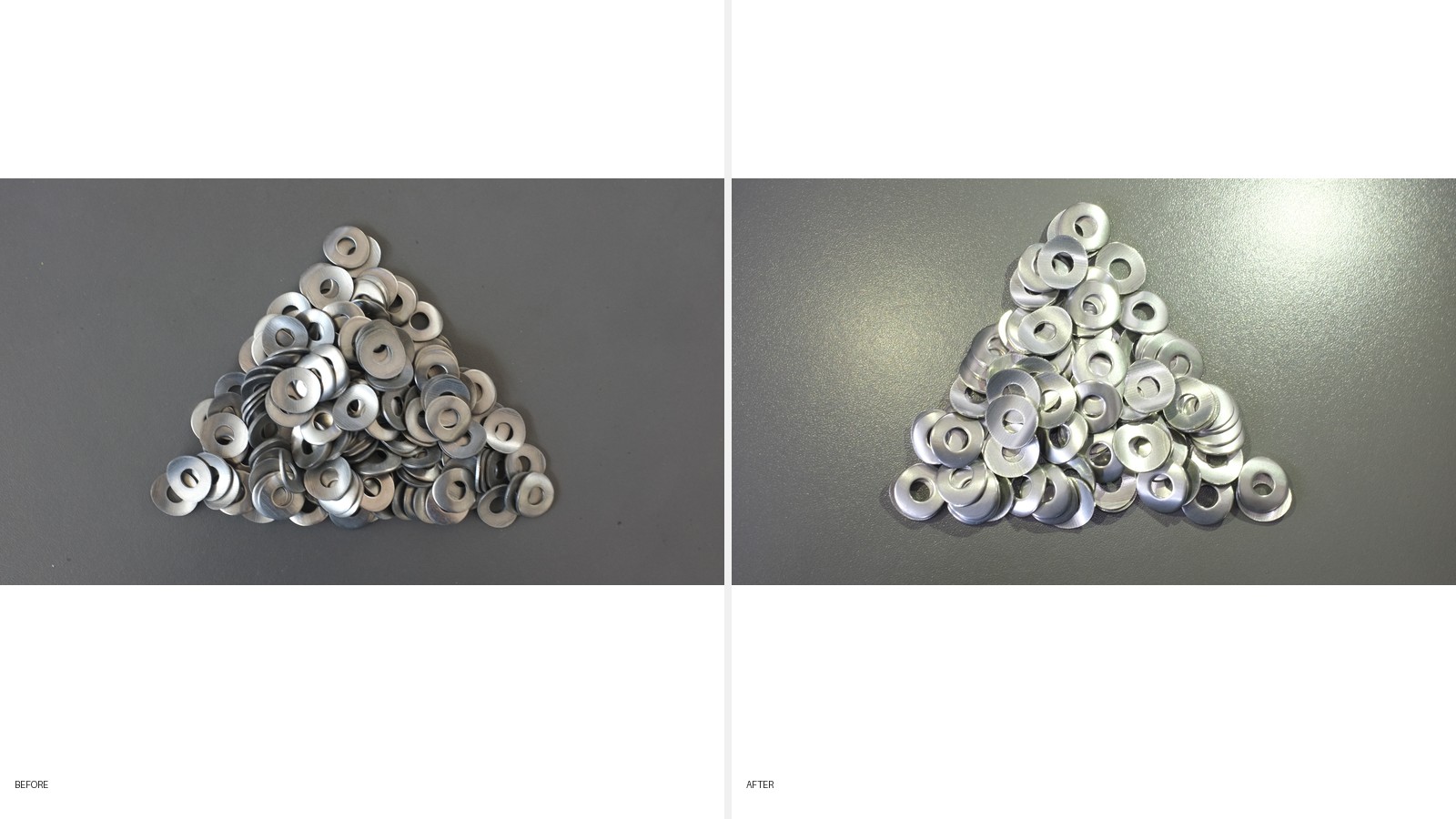 The same stainless washers, before and after finishing